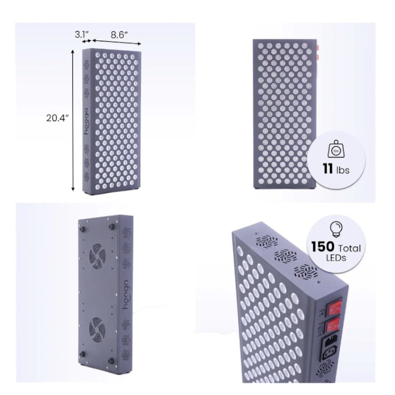 Hooga Pro750 Red light & infrared light therapy device dimensions. Four pictures showing additional angles.