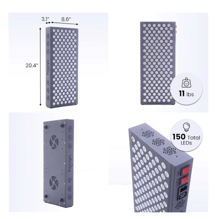 Hooga Pro750 Red light & infrared light therapy device dimensions. Four pictures showing additional angles.
