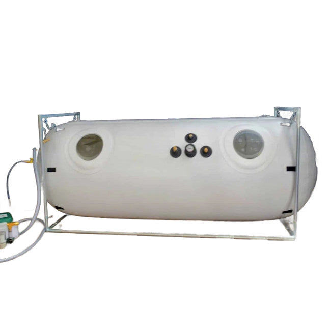 An inflated 34 inch Newtowne hyperbaric chamber. It is assembled for top entry with the zippers on top and the two windows and pressure value on the side.