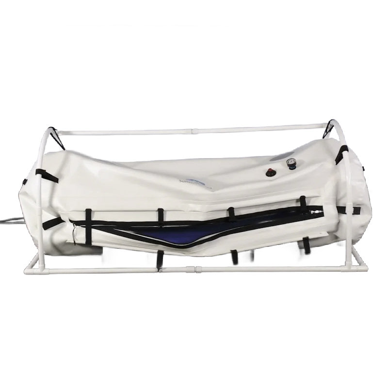 A Summit to Sea Mild Hyperbaric Chamber that is deflated. The chamber is Dive sized (33")