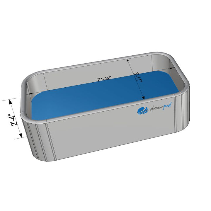 an illustration of dreampod's flexible, inflatable float tank with its dimensions