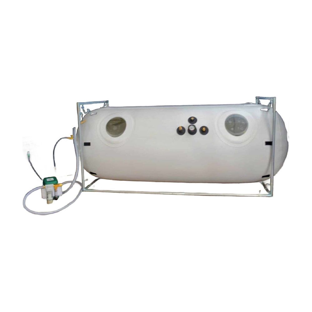Newtowne hyperbarics' 40" hyperbaric chamber with its compressor. The HBOT chamber site on a white background