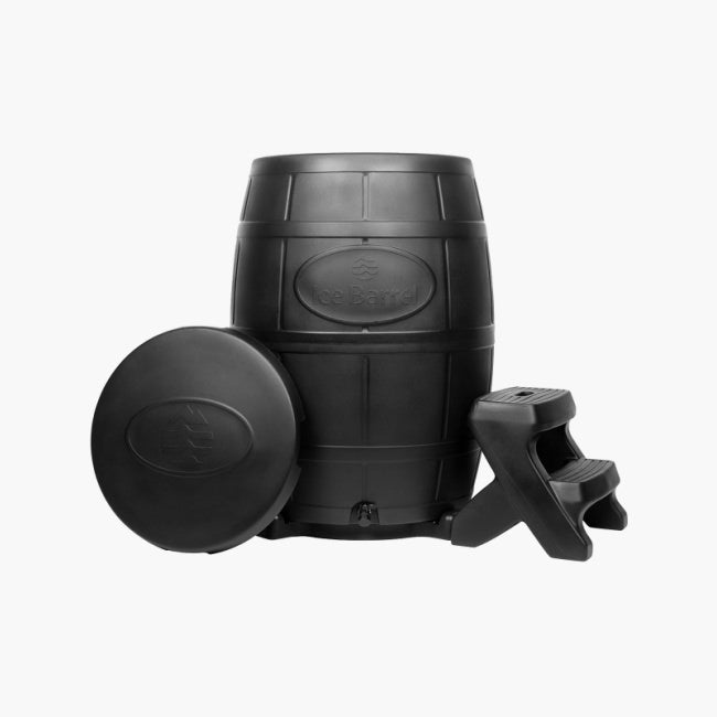 the 400 ice barrel is shown with its lid, barrel and step stool in front of a black background.