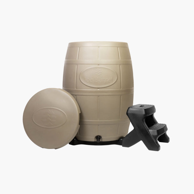 A tan ice barrel is shown with its matching lid and a step stool to climb  into it.