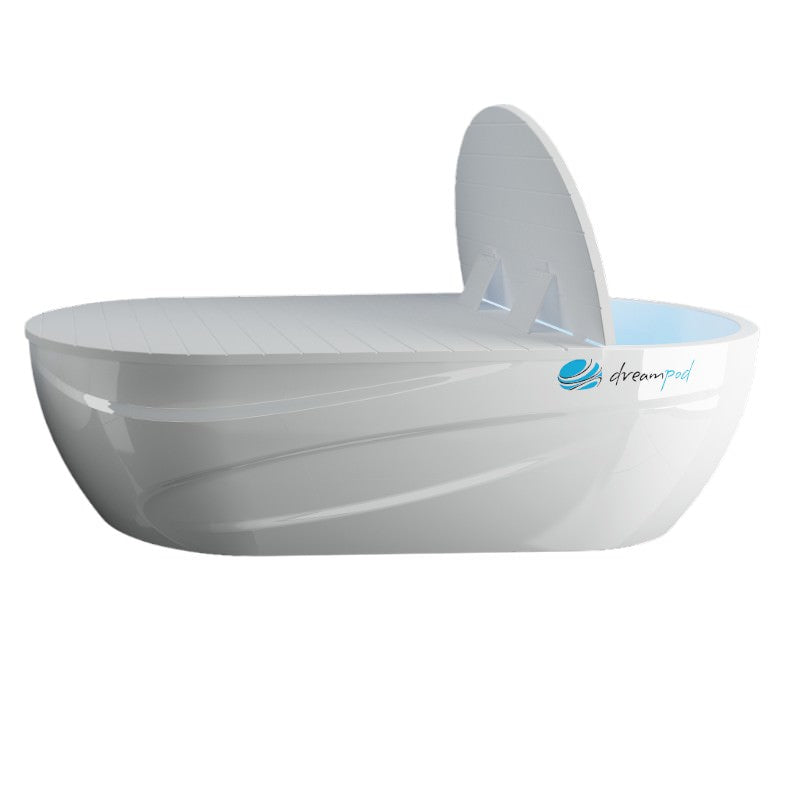 the dreampod home pro float tank sits with its lid partially opened on a blank white background.