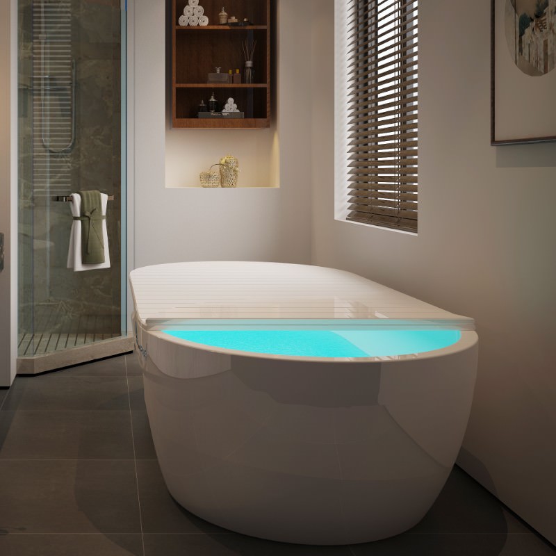 The dreampod home pro float tank sits in a contemporary bathroom with its lid partially folded back, revealing inviting epson salt water within.