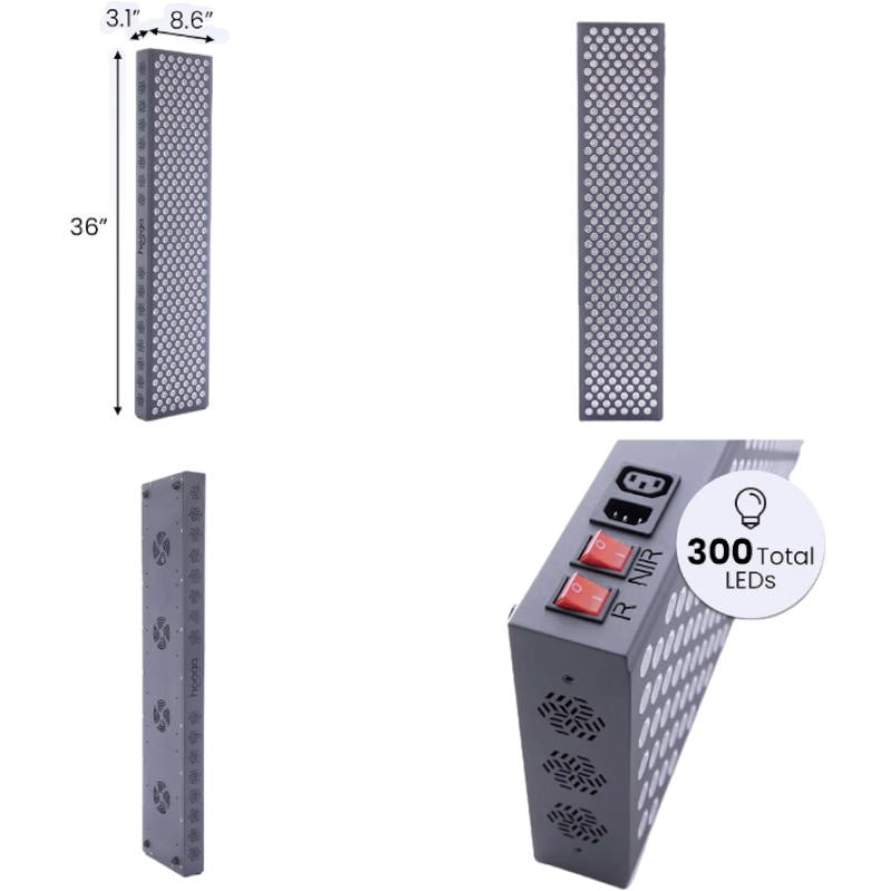 Hooga Pro1500 Red light & infrared light therapy device multiple views. Illustrating dimensions, back and control panel