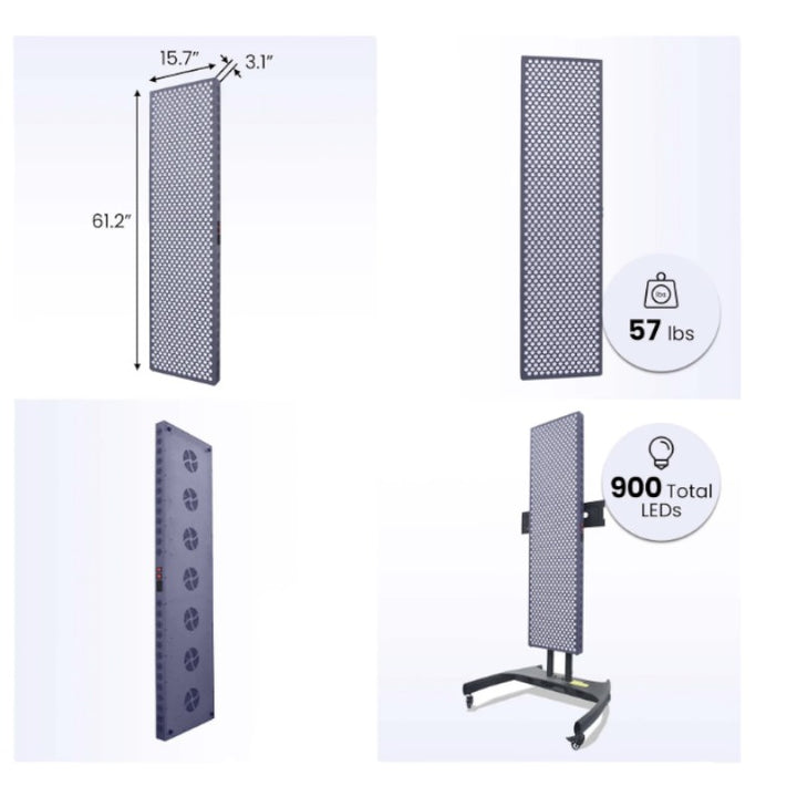 Hooga Pro4500 Red light & infrared light therapy devices. 4 red light devices shown to illustrate back, dimensions and total led lights