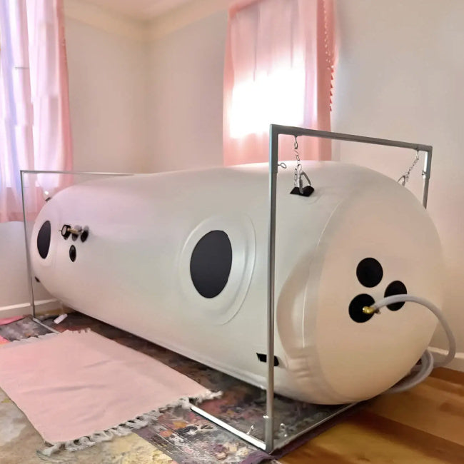 A Newtowne 34 inch chamber lifestyle photo. The hyperbaric chamber is inflated and sits in a girls bedroom