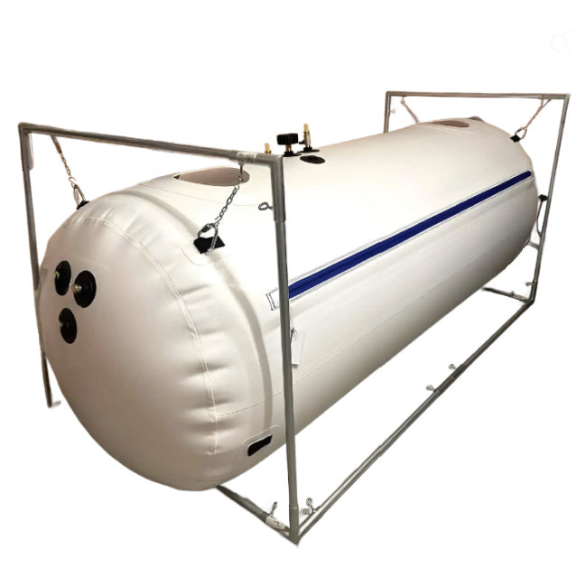 Side angle of an inflated 34 inch Newtowne hyperbaric chamber. It is assembled for side entry with the zippers facing to the side.