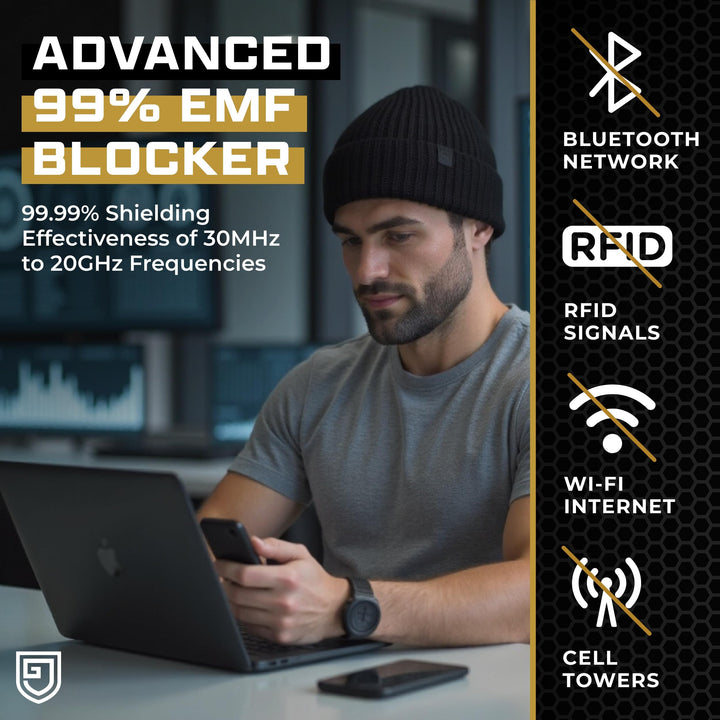 Gardava black silver-lined EMF faraday beanie knit hat, detail image 2