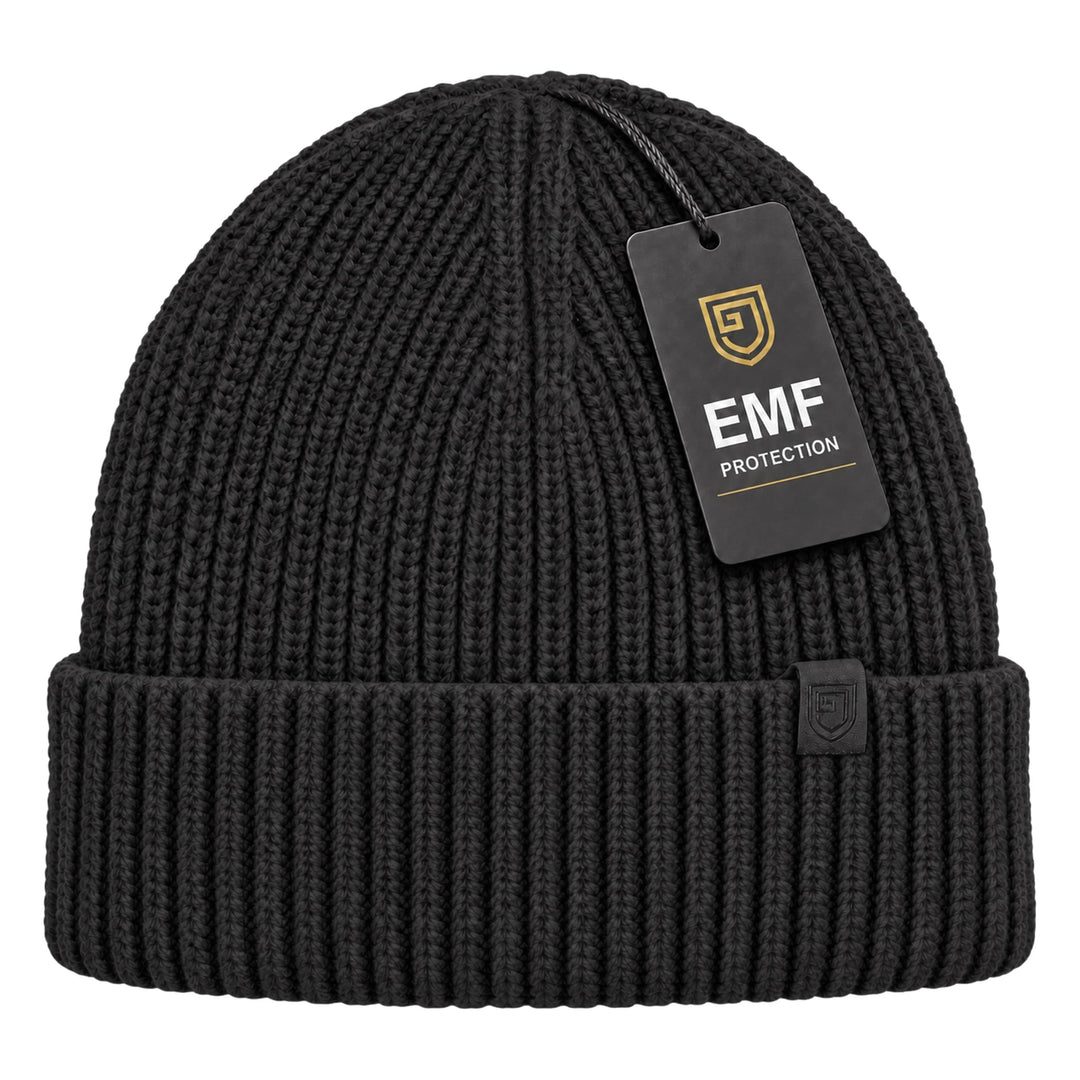 Gardava EMF faraday beanie in black with silver-fiber lining, main product view
