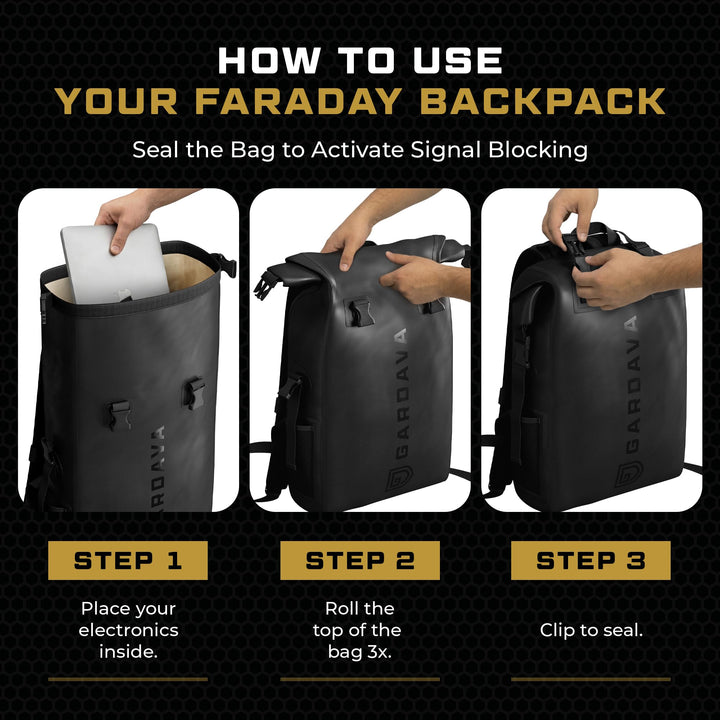 Gardava 17L faraday roll-top backpack for laptops and phones, detail image 4