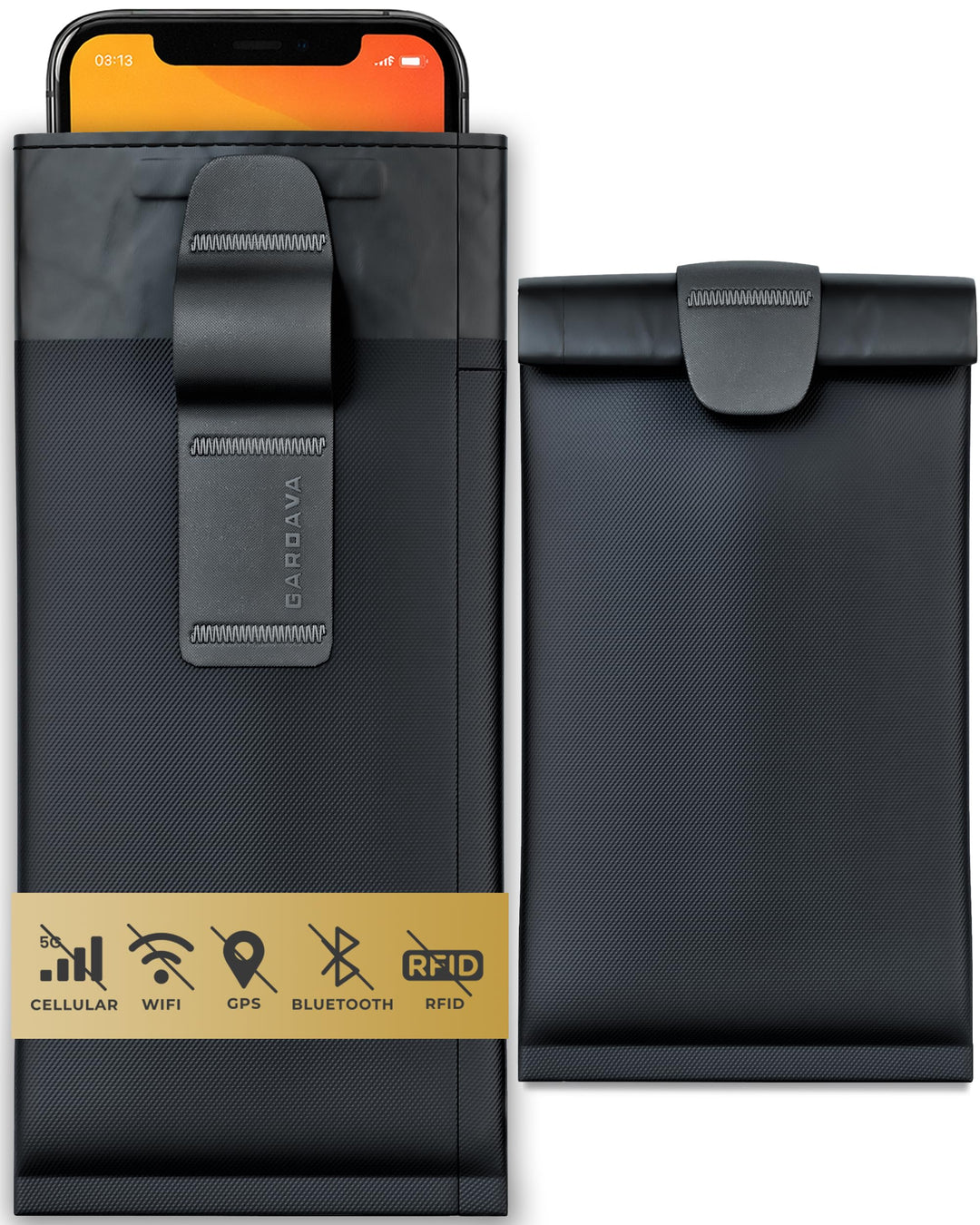 Gardava faraday phone bag in black with magnetic fold closure, main product view