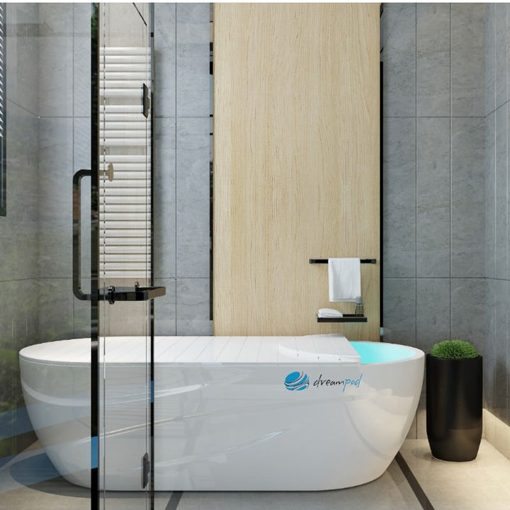 Dreampod's pro home float tank sits in an upscale bathroom. 