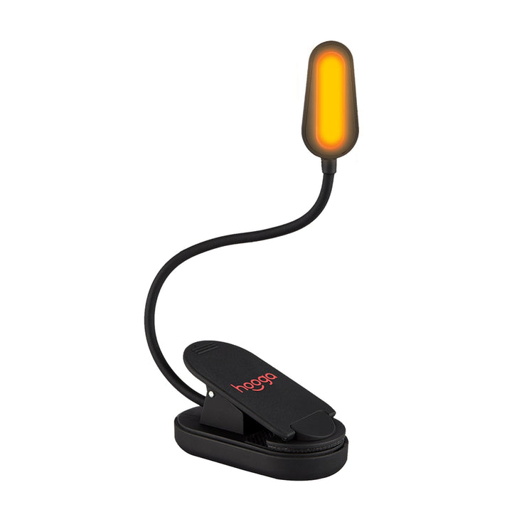 Hooga amber clip-on book light shown with its retail box