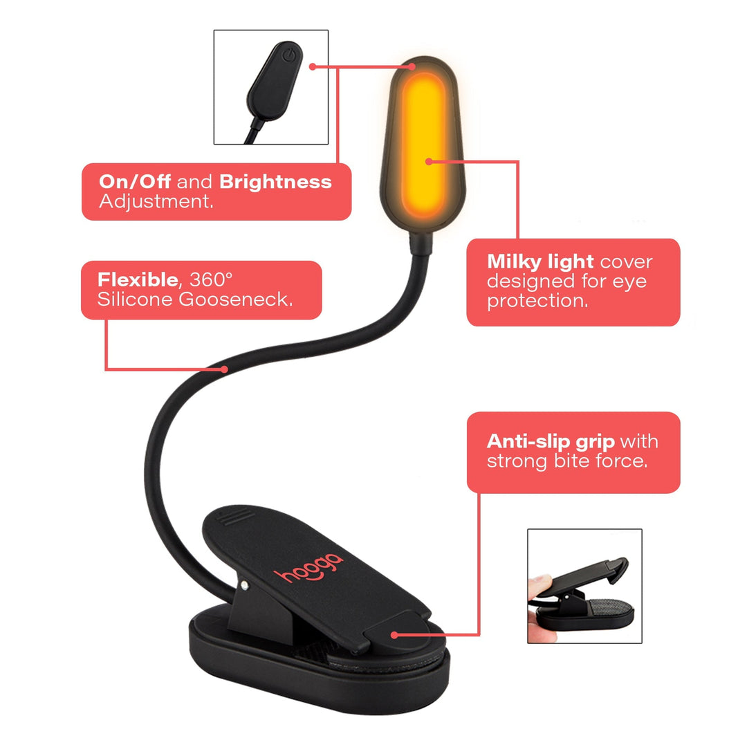 Hooga amber clip-on book light product photo with gooseneck and clip