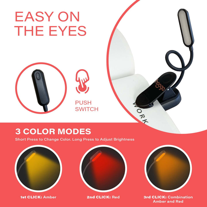 Hooga Amber and Red clip-on book light clip and flexible gooseneck detail
