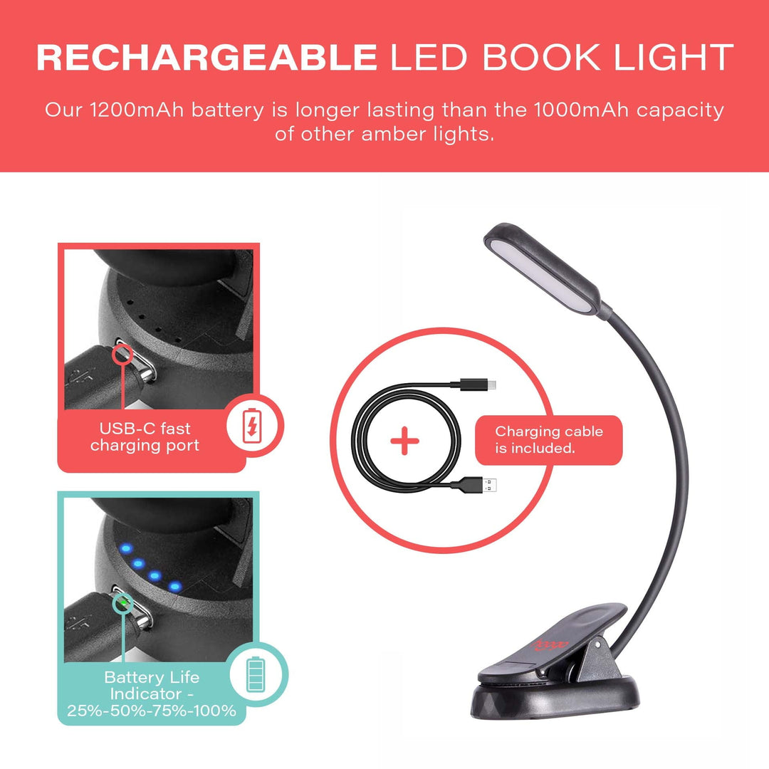 Hooga Amber and Red clip-on book light rechargeable USB-C charging feature