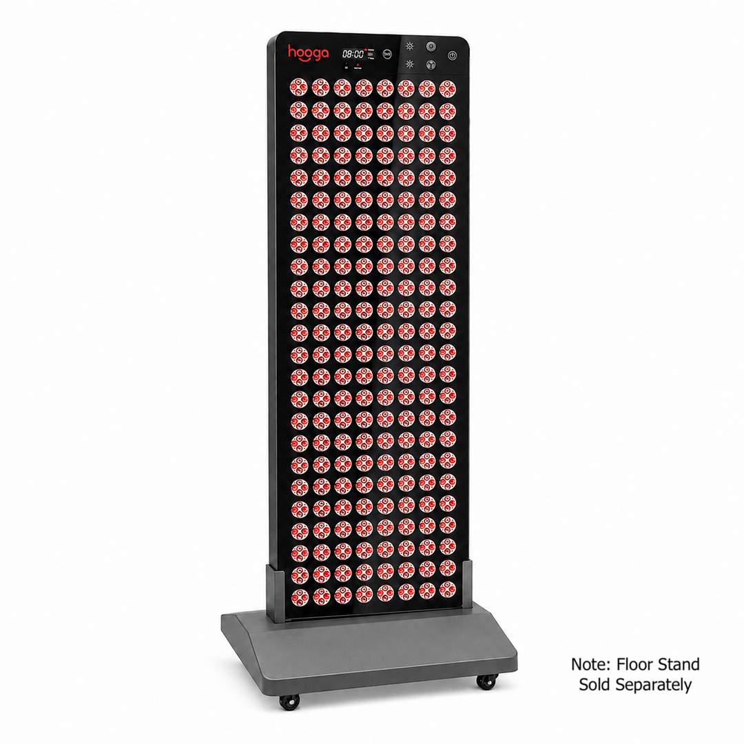 Hooga Blaze sauna red light therapy panel standing upright on the Sauna Series floor stand