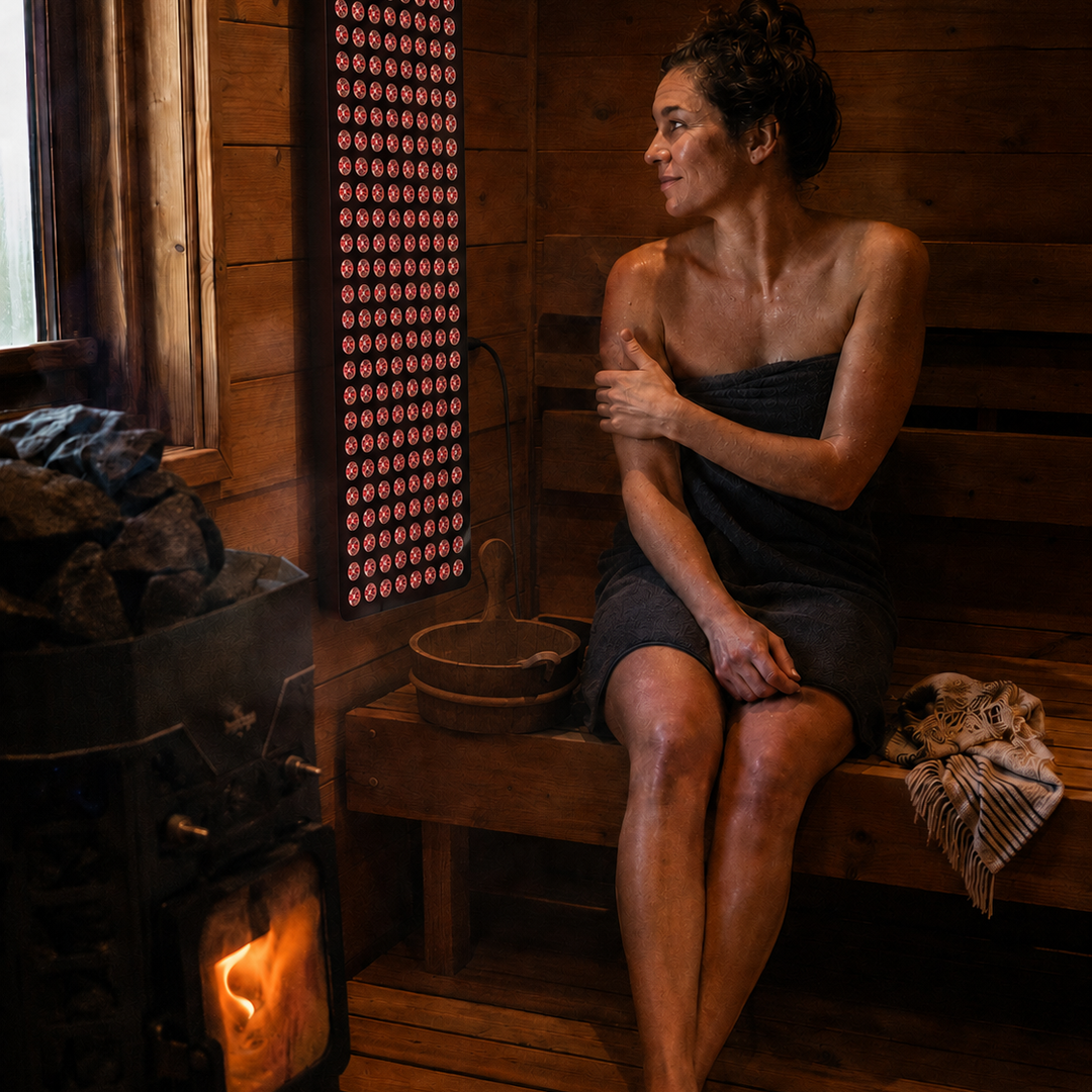 Woman relaxing in a wood-fired sauna beside the Hooga Blaze red light therapy panel