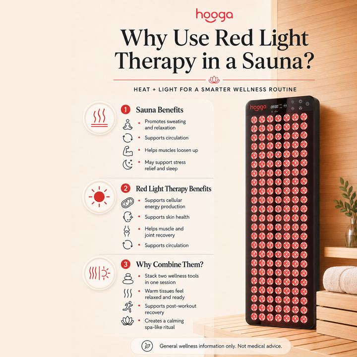 Infographic on using the Hooga Blaze red light therapy panel inside a sauna