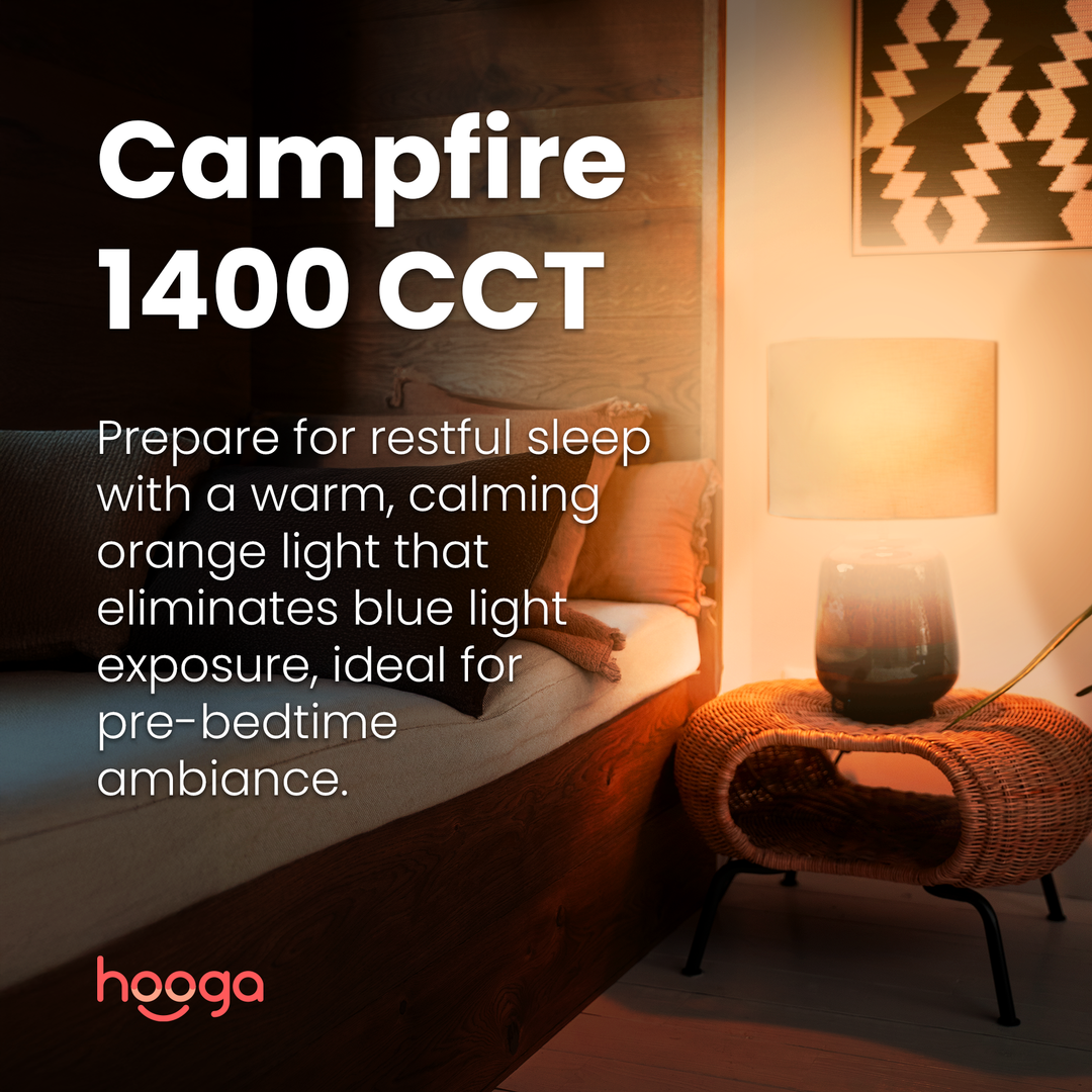 Hooga circadian light bulb in 1400K Campfire mode with amber light