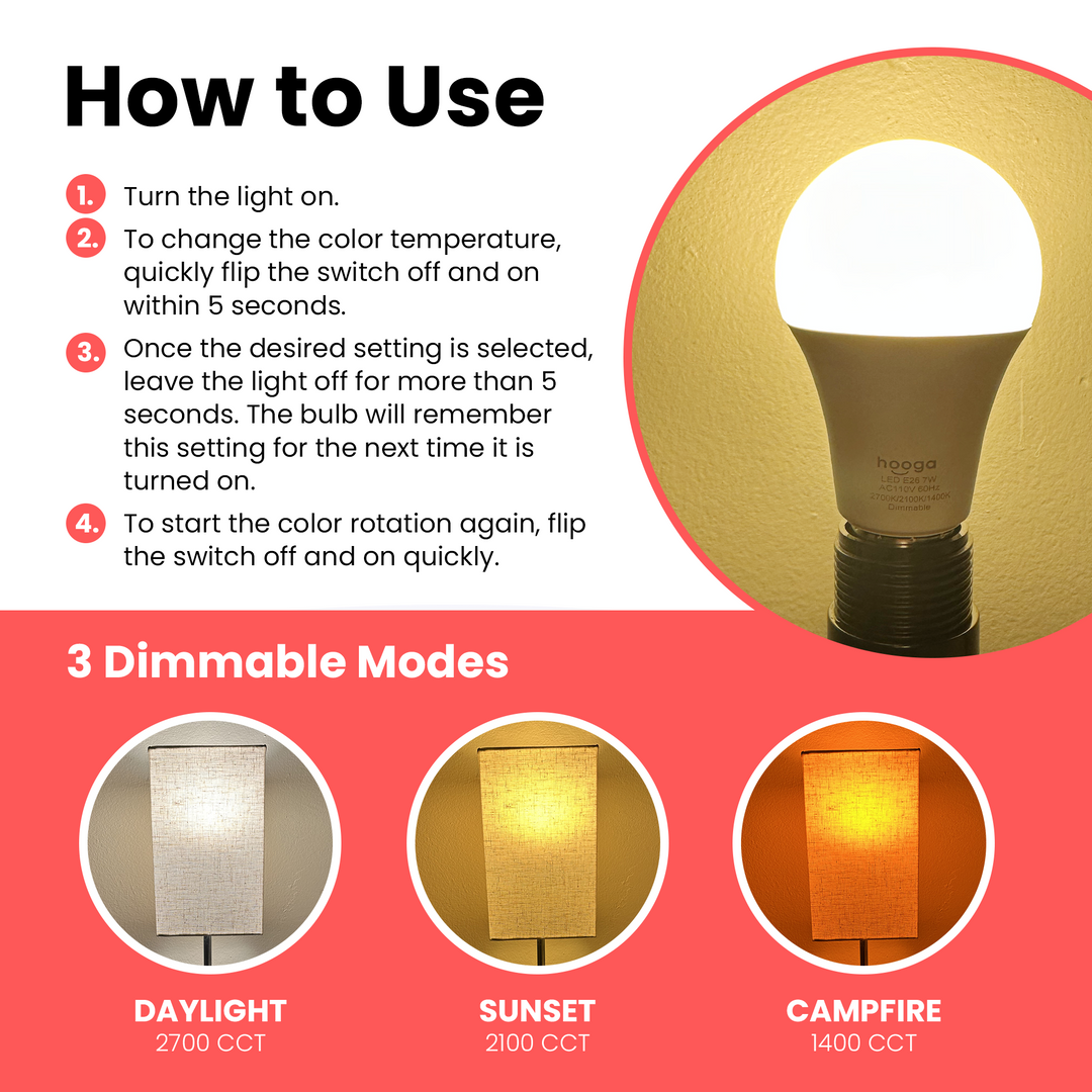 How-to-use guide for switching modes on the Hooga circadian light bulb