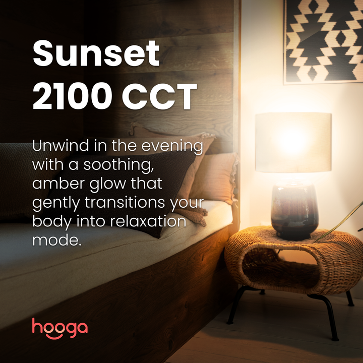 Hooga circadian light bulb in 2100K sunset mode with warm evening light