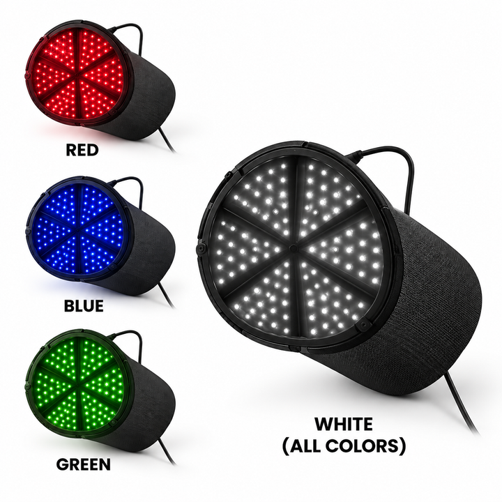 Hooga ColorWave light therapy hat interior LEDs shown in red, blue, green and white