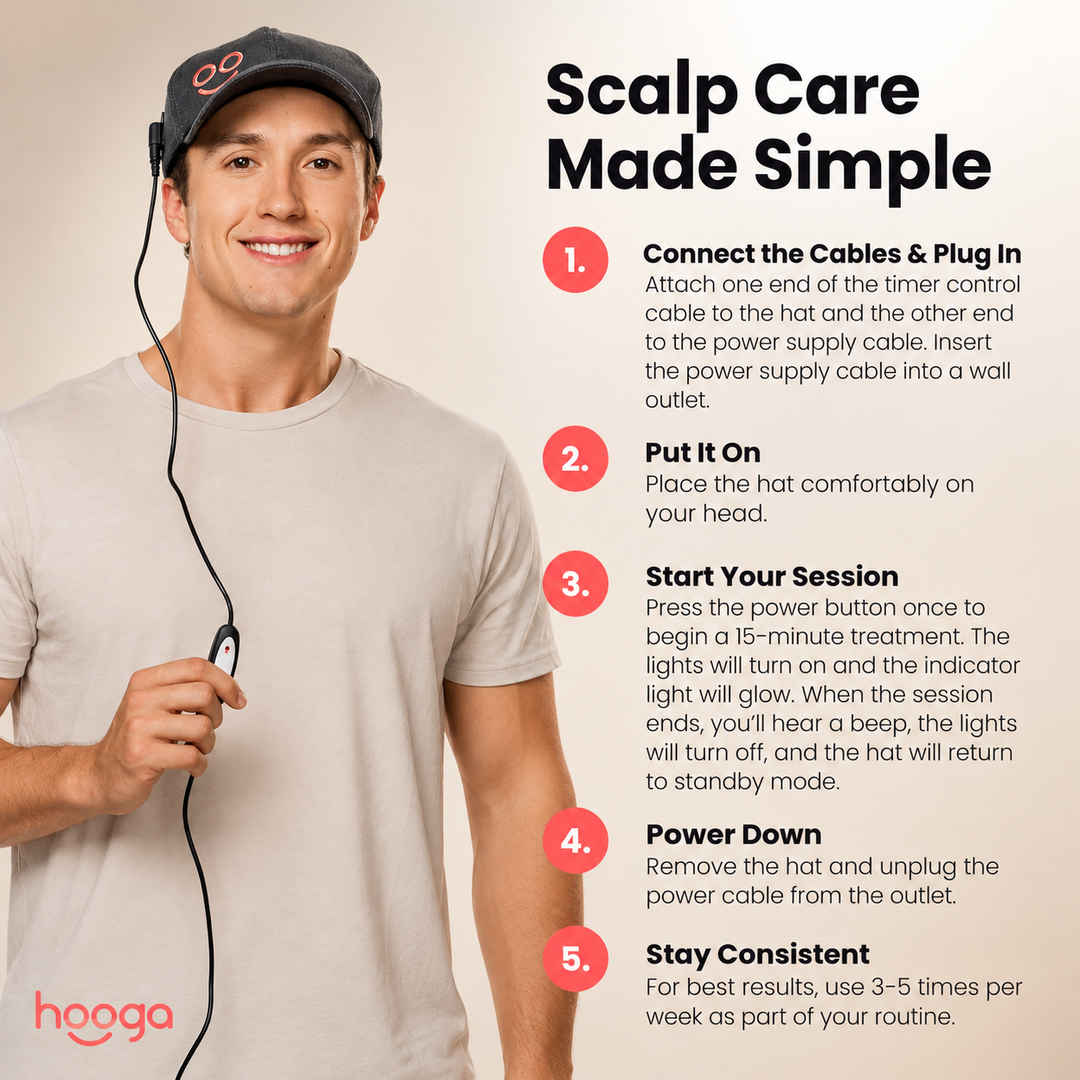Man wearing a Hooga light therapy hat with controller beside a five-step use guide