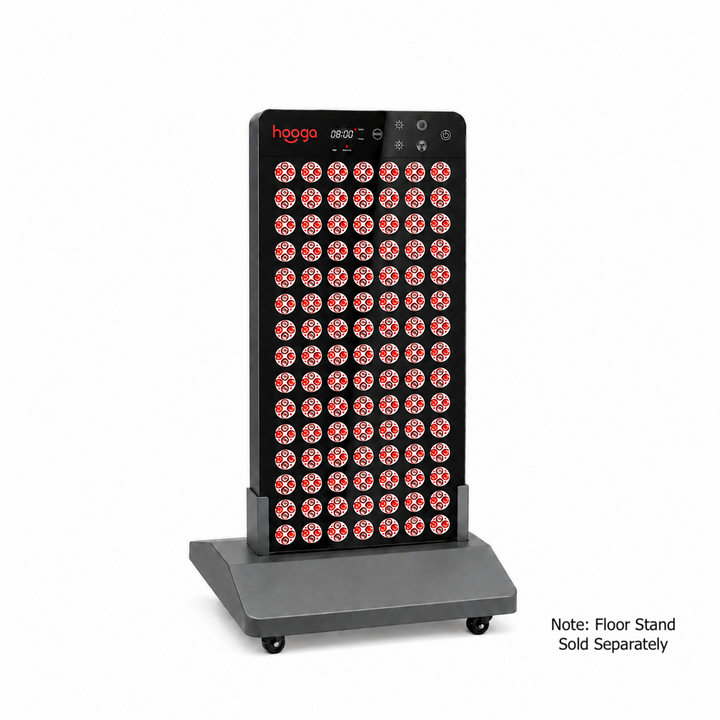Hooga Ember sauna red light therapy panel standing upright on the Sauna Series floor stand