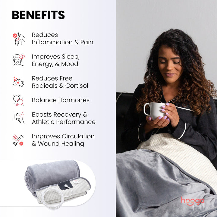 Person using the Hooga grounding blanket at home, in-use photo