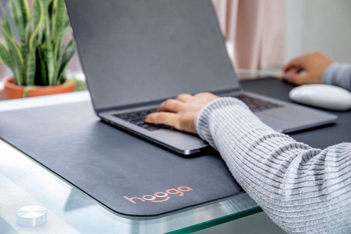 Hooga grounding mat used as a desk mouse pad beside a keyboard