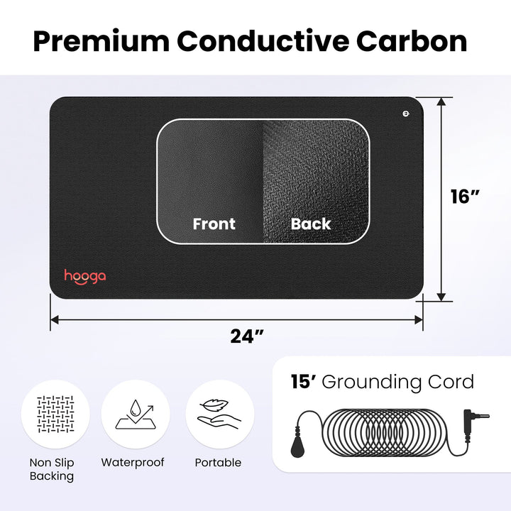 Hooga grounding mat dimensions diagram showing the 24 by 16 inch size