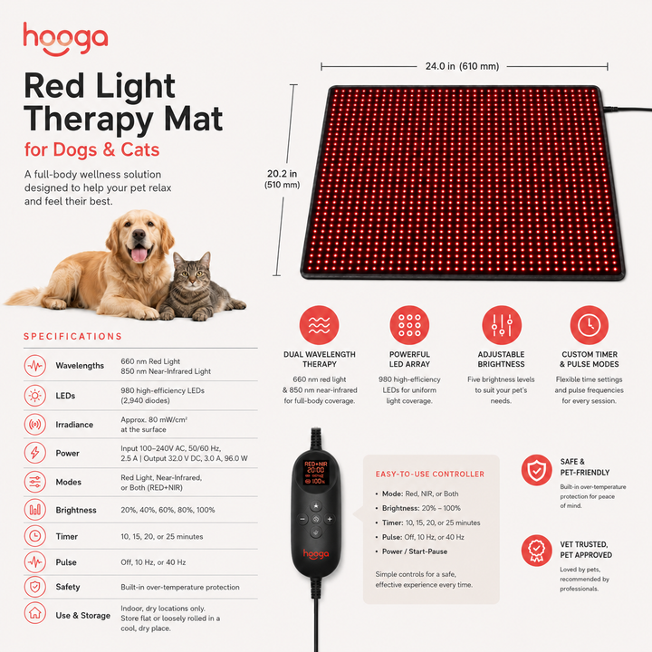 Hooga HG-BE980 red light therapy pet mat specifications, dimensions and controller settings