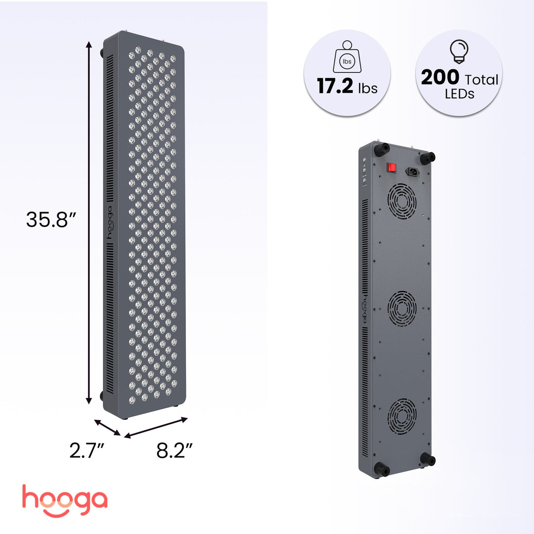 Hooga HG1000 red light therapy panel dimensions and size specifications graphic