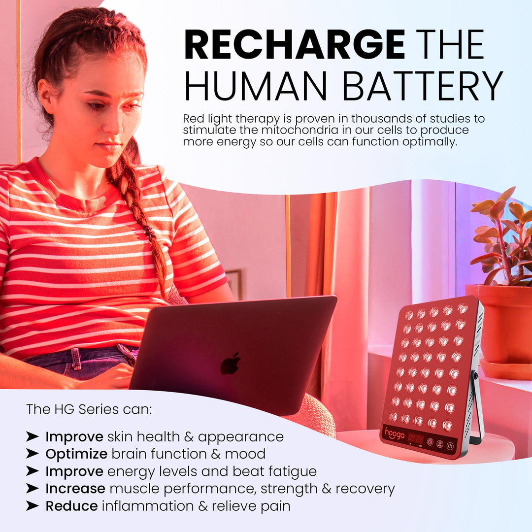 Hooga HG200 red light therapy panel lifestyle image for at-home energy routines
