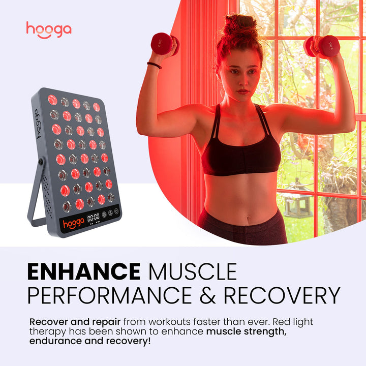 Hooga HG200 red light therapy panel lifestyle image for muscle performance routines