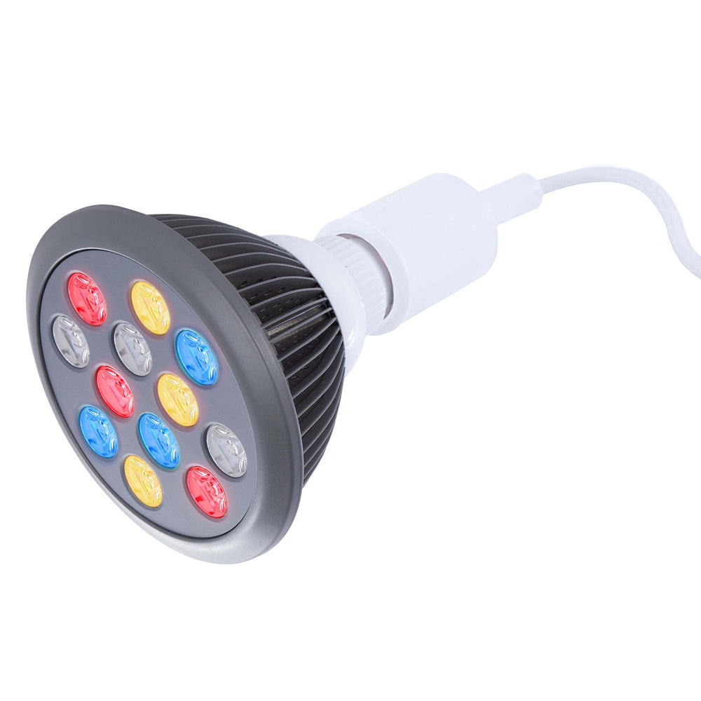 Hooga HG24 4-in-1 light therapy bulb shown at an angle with all colors lit