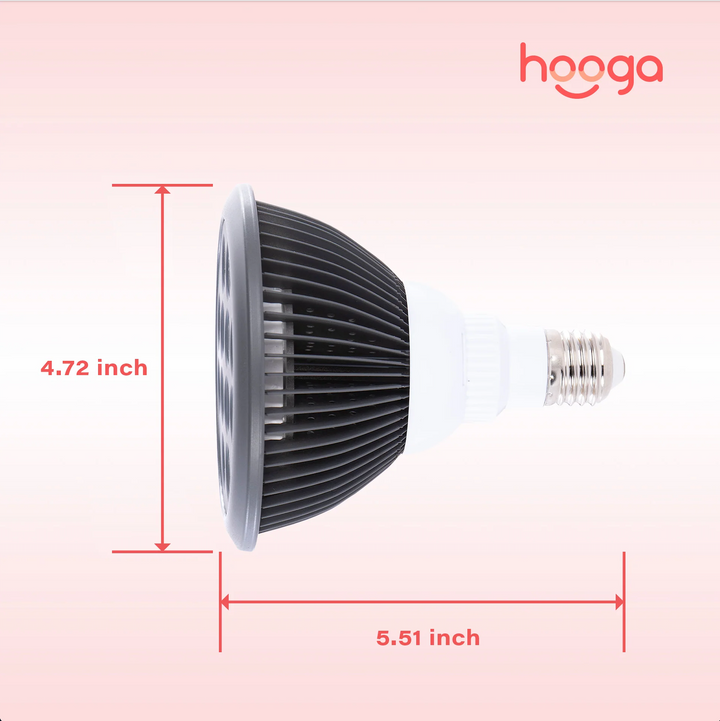 Hooga HG24 red light therapy bulb dimensions graphic with size measurements