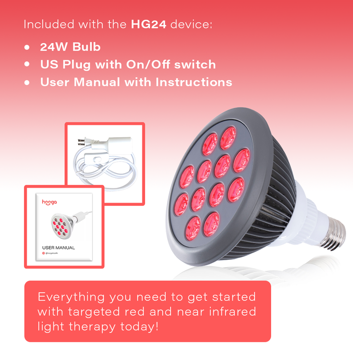 Hooga HG24 red light therapy bulb what's included graphic with accessories