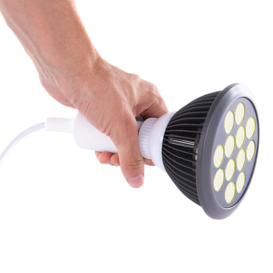 Hooga HG24 Yellow Light Therapy Bulb held in hand to show its size