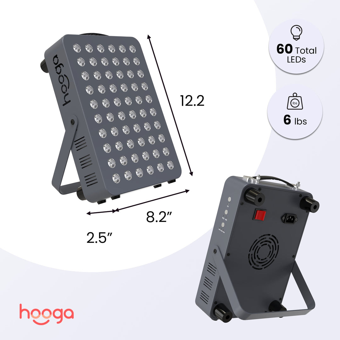 Hooga HG300 red light therapy panel dimensions and size specifications graphic