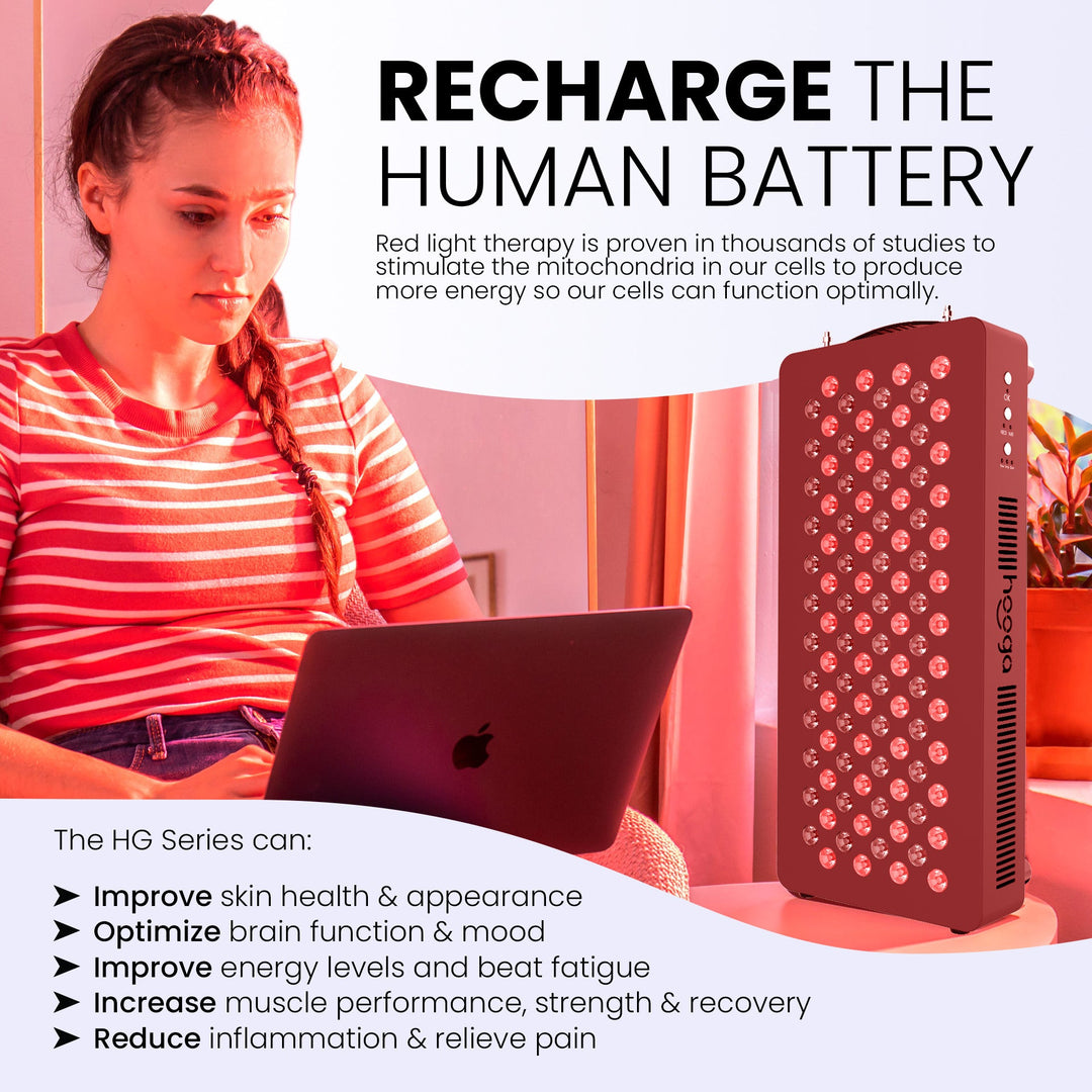 Woman using a Hooga HG Series red light therapy panel in her daily routine