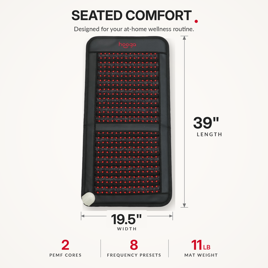 Hooga infrared PEMF chair mat graphic highlighting seated comfort