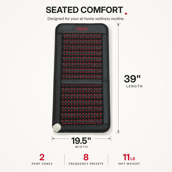 Hooga infrared PEMF chair mat graphic highlighting seated comfort