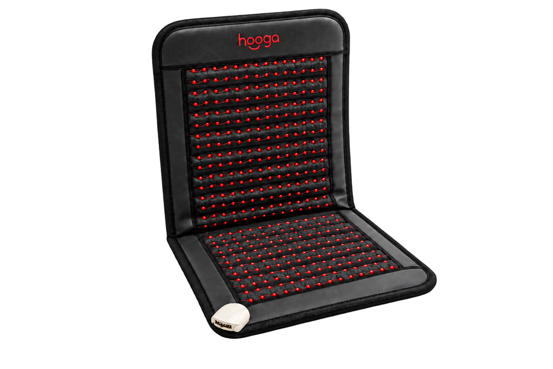 Hooga infrared PEMF chair mat in black with red stone beads, main product photo