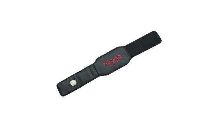 Hooga PEMF belt exterior showing black neoprene shell, embroidered logo and closure strap