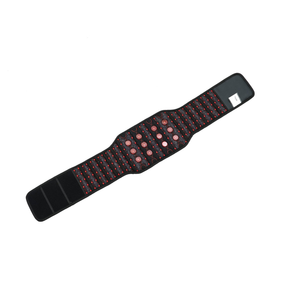 Hooga PEMF belt laid flat showing red light LEDs, tourmaline stones and closure